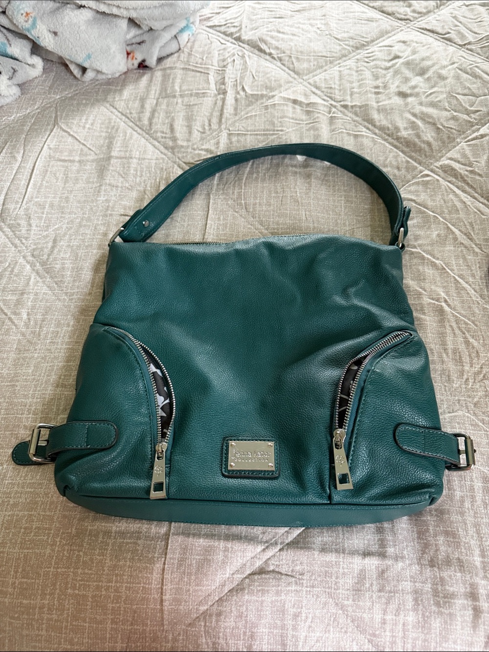 Pebbled Teal Shoulder Bag with Front Zip Pockets